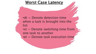 Worst Case Latency
•dt = Denote detection time
when a task is brought into the
list
•st = Denote switching time from
one task to another
•et = Denote task execution time
 