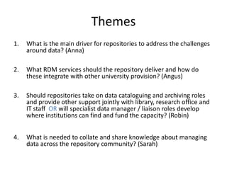 Themes
1. What is the main driver for repositories to address the challenges
around data? (Anna)
2. What RDM services shou...