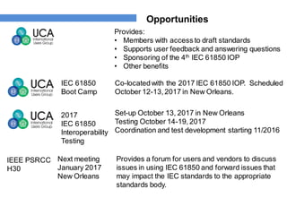 Opportunities
Provides:
• Members with access to draft standards
• Supports user feedback and answering questions
• Sponsoring of the 4th IEC 61850 IOP
• Other benefits
IEC 61850
Boot Camp
Co-locatedwith the 2017 IEC 61850 IOP. Scheduled
October 12-13, 2017 in New Orleans.
2017
IEC 61850
Interoperability
Testing
Set-up October 13, 2017 in New Orleans
Testing October 14-19, 2017
Coordination and test development starting 11/2016
IEEE PSRCC
H30
Provides a forum for users and vendors to discuss
issues in using IEC 61850 and forward issues that
may impact the IEC standards to the appropriate
standards body.
Next meeting
January 2017
New Orleans
 