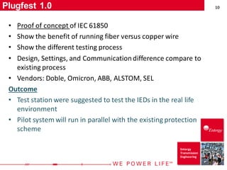 10
Entergy
Transmission
Engineering
Plugfest 1.0
• Proof of concept of IEC 61850
• Show the benefit of running fiber versus copper wire
• Show the different testing process
• Design, Settings, and Communicationdifference compare to
existing process
• Vendors: Doble, Omicron, ABB, ALSTOM, SEL
Outcome
• Test station were suggested to test the IEDs in the real life
environment
• Pilot system will run in parallel with the existing protection
scheme
 