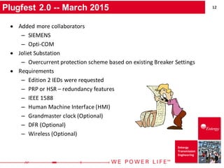 12
Entergy
Transmission
Engineering
Plugfest 2.0 -- March 2015
• Added more collaborators
– SIEMENS
– Opti-COM
• Joliet Substation
– Overcurrent protection scheme based on existing Breaker Settings
• Requirements
– Edition 2 IEDs were requested
– PRP or HSR – redundancy features
– IEEE 1588
– Human Machine Interface (HMI)
– Grandmaster clock (Optional)
– DFR (Optional)
– Wireless (Optional)
 