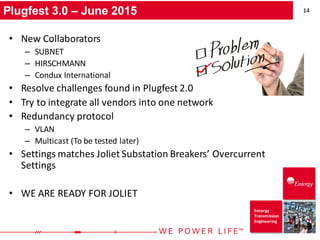 14
Entergy
Transmission
Engineering
Plugfest 3.0 – June 2015
• New Collaborators
– SUBNET
– HIRSCHMANN
– Condux International
• Resolve challenges found in Plugfest 2.0
• Try to integrate all vendors into one network
• Redundancy protocol
– VLAN
– Multicast (To be tested later)
• Settings matches Joliet Substation Breakers’ Overcurrent
Settings
• WE ARE READY FOR JOLIET
 