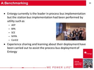 33
Entergy
Transmission
Engineering
A:Benchmarking
• Entergy currently is the leader in process bus implementation
but the station bus implementation had been performed by
utility such as
– AEP
– BPA
– SCE
– NYPA
– ConEd
• Experience sharing and learning about their deploymenthave
been carried out to assist the process bus deploymentof
Entergy
 
