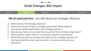 We all need partners. Lets talk about our strategic alliances.
Round 2 Round 5Round 4Round 3Round 1
A. Where do you find strategic alliances?
B. What value do you bring to a strategic partnership? What matters?
C. How do you define expectations with strategic partners?
D. How do you make sure you have found a partner that will make a big impact?
E. What qualities matter most for a successful, long-term partnership?
F. What have you done to increase the impact of your strategic alliance? (i.e.
sharing competitive data, buyer personas, or business plans with your
partners?)
Small Changes, BIG Impact
 
