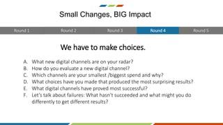 We have to make choices.
Round 4 Round 5Round 3Round 2Round 1
A. What new digital channels are on your radar?
B. How do you evaluate a new digital channel?
C. Which channels are your smallest /biggest spend and why?
D. What choices have you made that produced the most surprising results?
E. What digital channels have proved most successful?
F. Let’s talk about failures: What hasn’t succeeded and what might you do
differently to get different results?
Small Changes, BIG Impact
 