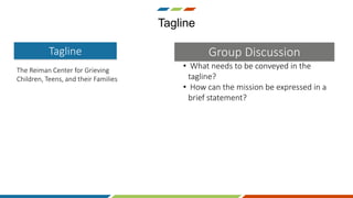 • What needs to be conveyed in the
tagline?
• How can the mission be expressed in a
brief statement?
Tagline
Tagline
The Reiman Center for Grieving
Children, Teens, and their Families
Group Discussion
 
