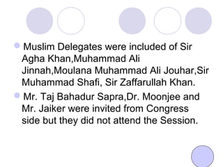 Muslim Delegates were included of Sir
Agha Khan,Muhammad Ali
Jinnah,Moulana Muhammad Ali Jouhar,Sir
Muhammad Shafi, Sir Zaffarullah Khan.
Mr. Taj Bahadur Sapra,Dr. Moonjee and
Mr. Jaiker were invited from Congress
side but they did not attend the Session.
 