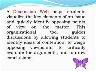 A Discussion Web helps students
visualize the key elements of an issue
and quickly identify opposing points
of view on the matter. This
organizational tool guides
discussions by allowing students to
identify ideas of contention, to weigh
opposing viewpoints, to critically
evaluate the arguments, and to draw
conclusions.
 