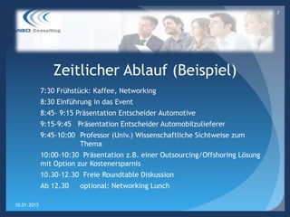 7




                Zeitlicher Ablauf (Beispiel)
             7:30 Frühstück: Kaffee, Networking
             8:30 Einführung in das Event
             8:45- 9:15 Präsentation Entscheider Automotive
             9:15-9:45 Präsentation Entscheider Automobilzulieferer
             9:45-10:00 Professor (Univ.) Wissenschaftliche Sichtweise zum
                        Thema
             10:00-10:30 Präsentation z.B. einer Outsourcing/Offshoring Lösung
             mit Option zur Kostenersparnis
             10.30-12.30 Freie Roundtable Diskussion
             Ab 12.30   optional: Networking Lunch

10.01.2013
 