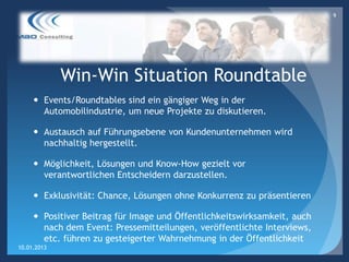 9




             Win-Win Situation Roundtable
      Events/Roundtables sind ein gängiger Weg in der
       Automobilindustrie, um neue Projekte zu diskutieren.

      Austausch auf Führungsebene von Kundenunternehmen wird
       nachhaltig hergestellt.

      Möglichkeit, Lösungen und Know-How gezielt vor
       verantwortlichen Entscheidern darzustellen.

      Exklusivität: Chance, Lösungen ohne Konkurrenz zu präsentieren

      Positiver Beitrag für Image und Öffentlichkeitswirksamkeit, auch
       nach dem Event: Pressemitteilungen, veröffentlichte Interviews,
       etc. führen zu gesteigerter Wahrnehmung in der Öffentlichkeit
10.01.2013
 