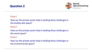 Group 1
How can the private sector help in tackling these challenges in
the healthy diet space?
Group 2
How can the private sector help in tackling these challenges in
the social space?
Group 3
How can the private sector help in tackling these challenges in
the environmental space?
Question 2
 