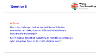 All Groups
Given the challenges that we see and the contribution
companies can make, how can WBA and its benchmark
contribute to this change?
Given that we cannot do everything or monitor all companies:
what should we focus on to create a tipping point?
Question 3
 