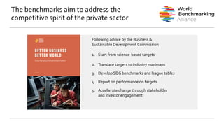 The benchmarks aim to address the
competitive spirit of the private sector
Following advice by the Business &
Sustainable Development Commission
1. Start from science-based targets
2. Translate targets to industry roadmaps
3. Develop SDG benchmarks and league tables
4. Report on performance on targets
5. Accellerate change through stakeholder
and investor engagement
 