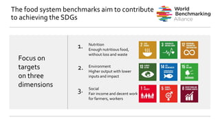 The food system benchmarks aim to contribute
to achieving the SDGs
Nutrition
Enough nutritious food,
without loss and waste
Environment
Higher output with lower
inputs and impact
Social
Fair income and decent work
for farmers, workers
Focus on
targets
on three
dimensions
1.
2.
3.
 