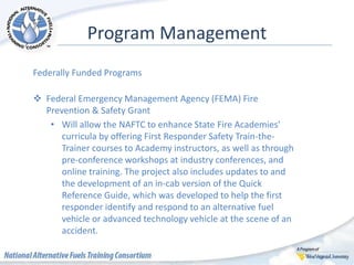 Program Management
Federally Funded Programs
 Federal Emergency Management Agency (FEMA) Fire
Prevention & Safety Grant
• Will allow the NAFTC to enhance State Fire Academies’
curricula by offering First Responder Safety Train-the-
Trainer courses to Academy instructors, as well as through
pre-conference workshops at industry conferences, and
online training. The project also includes updates to and
the development of an in-cab version of the Quick
Reference Guide, which was developed to help the first
responder identify and respond to an alternative fuel
vehicle or advanced technology vehicle at the scene of an
accident.
 