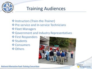 Training Audiences
Instructors (Train-the-Trainer)
Pre-service and In-service Technicians
Fleet Managers
Government and Industry Representatives
First Responders
Students
Consumers
Others
 