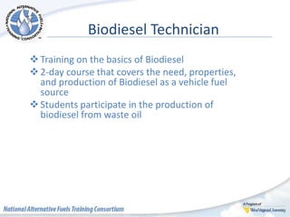 Biodiesel Technician
Training on the basics of Biodiesel
2-day course that covers the need, properties,
and production of Biodiesel as a vehicle fuel
source
Students participate in the production of
biodiesel from waste oil
 