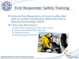 First Responder Safety Training
Instructs First Responders on how to safely deal
with an accident involving an alternative fuel or
advanced technology vehicle
2 day class that covers:
 Electric Drive Vehicles (EVs, PhEVs, HEVs, FCEVs)
 Gaseous Fuel Vehicles (CNG, LNG, LPG)
 Hydrogen Vehicles
 Biofuels (Biodiesel, Ethanol)
 