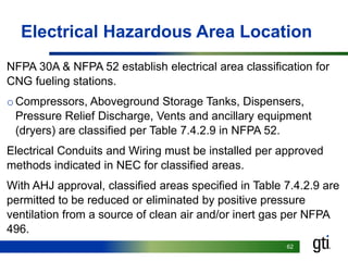 6262
Electrical Hazardous Area Location
NFPA 30A & NFPA 52 establish electrical area classification for
CNG fueling stations.
oCompressors, Aboveground Storage Tanks, Dispensers,
Pressure Relief Discharge, Vents and ancillary equipment
(dryers) are classified per Table 7.4.2.9 in NFPA 52.
Electrical Conduits and Wiring must be installed per approved
methods indicated in NEC for classified areas.
With AHJ approval, classified areas specified in Table 7.4.2.9 are
permitted to be reduced or eliminated by positive pressure
ventilation from a source of clean air and/or inert gas per NFPA
496.
 