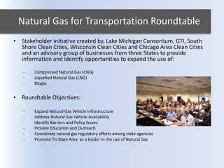 Natural Gas for Transportation Roundtable
• Stakeholder initiative created by, Lake Michigan Consortium, GTI, South
Shore Clean Cities, Wisconsin Clean Cities and Chicago Area Clean Cities
and an advisory group of businesses from three States to provide
information and identify opportunities to expand the use of:
- Compressed Natural Gas (CNG)
- Liquefied Natural Gas (LNG)
- Biogas
• Roundtable Objectives:
- Expand Natural Gas Vehicle Infrastructure
- Address Natural Gas Vehicle Availability
- Identify Barriers and Policy Issues
- Provide Education and Outreach
- Coordinate natural gas regulatory efforts among state agencies
- Promote Tri-State Area as a leader in the use of Natural Gas
 