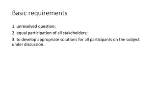 Basic requirements 
1. unresolved question; 
2. equal participation of all stakeholders; 
3. to develop appropriate solutions for all participants on the subject 
under discussion. 
 