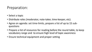 Preparation: 
• Select a topic 
• Distribute roles (moderator, note-taker, time-keeper, etc). 
• Agree on agenda: set time-limits, prepare a list of up to 15 sub-questions 
• Prepare a list of resources for reading before the round table, to keep 
vocabulary range and to ensure high level of topic awareness 
• Ensure technical equipment and proper setting 
 