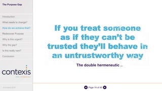 Page 14 of 45
If you treat someone
as if they can’t be
trusted they’ll behave in
an untrustworthy way
The double hermeneutic ..
The Purpose Gap
Introduction
What needs to change?
How do we achieve that?
Rediscover Purpose
Why is this urgent?
Why the gap?
Is this really new?
Conclusion
© Contexis 2016
 