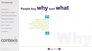 Page 25 of 45
Make it simple for
consumers and they’ll
choose to change. They’ll
choose brands with a
purpose. Brands they can
believe in
People buy whyover what
“
“
Why
The Purpose Gap
Introduction
What needs to change?
How do we achieve that?
Rediscover Purpose
Why is this urgent?
Why the gap?
Is this really new?
Conclusion
© Contexis 2016
 