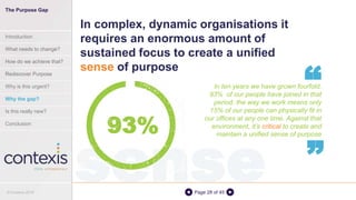 sensePage 28 of 45
In ten years we have grown fourfold,
93% of our people have joined in that
period, the way we work means only
15% of our people can physically fit in
our offices at any one time. Against that
environment, it’s critical to create and
maintain a unified sense of purpose
In complex, dynamic organisations it
requires an enormous amount of
sustained focus to create a unified
sense of purpose
“
“93%
The Purpose Gap
Introduction
What needs to change?
How do we achieve that?
Rediscover Purpose
Why is this urgent?
Why the gap?
Is this really new?
Conclusion
© Contexis 2016
 