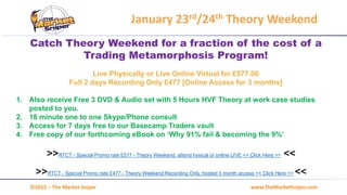 www.TheMarketSniper.com©2015 – The Market Sniper
>>RTCT - Special Promo rate £577 - Theory Weekend, attend hysical or online LIVE << Click Here >> <<
>>RTCT - Special Promo rate £477 - Theory Weekend Recording Only, hosted 3 month access << Click Here >> <<
Catch Theory Weekend for a fraction of the cost of a
Trading Metamorphosis Program!
Live Physically or Live Online Virtual for £577.00
Full 2 days Recording Only £477 [Online Access for 3 months]
1. Also receive Free 3 DVD & Audio set with 5 Hours HVF Theory at work case studies
posted to you.
2. 18 minute one to one Skype/Phone consult
3. Access for 7 days free to our Basecamp Traders vault
4. Free copy of our forthcoming eBook on ‘Why 91% fail & becoming the 9%’
January 23rd/24th Theory Weekend
 