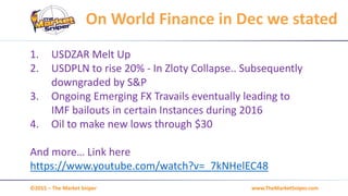 www.TheMarketSniper.com©2015 – The Market Sniper
On World Finance in Dec we stated
1. USDZAR Melt Up
2. USDPLN to rise 20% - In Zloty Collapse.. Subsequently
downgraded by S&P
3. Ongoing Emerging FX Travails eventually leading to
IMF bailouts in certain Instances during 2016
4. Oil to make new lows through $30
And more… Link here
https://www.youtube.com/watch?v=_7kNHelEC48
 