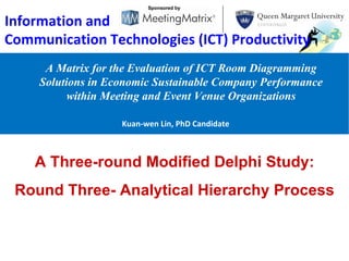 Sponsored by


Information and
Communication Technologies (ICT) Productivity
      A Matrix for the Evaluation of ICT Room Diagramming
     Solutions in Economic Sustainable Company Performance
           within Meeting and Event Venue Organizations

                    Kuan-wen Lin, PhD Candidate



    A Three-round Modified Delphi Study:
 Round Three- Analytical Hierarchy Process
 