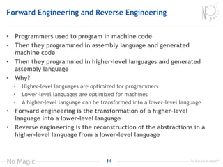 Forward Engineering and Reverse Engineering
• Programmers used to program in machine code
• Then they programmed in assembly language and generated
machine code
• Then they programmed in higher-level languages and generated
assembly language
• Why?
• Higher-level languages are optimized for programmers
• Lower-level languages are optimized for machines
• A higher-level language can be transformed into a lower-level language
• Forward engineering is the transformation of a higher-level
language into a lower-level language
• Reverse engineering is the reconstruction of the abstractions in a
higher-level language from a lower-level language
14
 