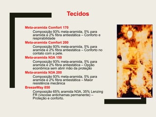 Tecidos
Meta-aramida Comfort 170
Composição 93% meta-aramida, 5% para
aramida e 2% fibra antiestática – Conforto e
respirabilidade
Meta-aramida Comfort 200
Composição 93% meta-aramida, 5% para
aramida e 2% fibra antiestática – Conforto no
contato com a pele.
Meta-aramida N3A 150
Composição 93% meta-aramida, 5% para
aramida e 2% fibra antiestática – Opção
econômica sem abrir mão da proteção
Meta-aramida N3A 200
Composição 93% meta-aramida, 5% para
aramida e 2% fibra antiestática – Maior
resistência mecânica
BreezeWay 850
Composição 65% aramida N3A, 35% Lenzing
FR (viscose antichamas permanente) –
Proteção e conforto.
 