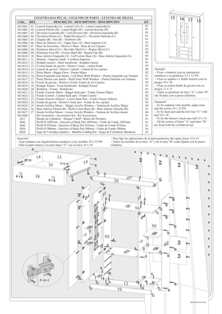 LEGENDA DAS PEÇAS - LEGENDS OF PARTS - LEYENDA DE PIEZAS                                                                                                     15       16 17 1
COD... REF.               DESCRIÇÃO - DESCRIPTION - DESCRIPCIÓN                                                                       QT.                                               5
3015001 01 Lateral Esquerda (A) - Lateral Left (A) - Lateral izquierda(A)                                                              01
3015002 02 Lateral Direita (D) - Lateral Right (D) - Lateral derecha (D)                                                               01
3015003 03 Divisória Esquerda (B) - Left Division (B) - Divisória Izquierda (B)                                                        01
3015004 04 Divisória Direita (C) - Right Division (C) - Divisória Derecha (C)                                                          01
3015005 05 Chapéu (B) - Hat (B) - Sombrero (B)                                                                                         01
3015006 06 Base do Maleiro (A) - Upper base (A) - Base Superior (A)                                                                    01
3015007 07 Base do Gaveteiro - Drawer’s Base - Base de los Cajones                                                                     01
3015008 08 Prateleira Móvel (C) - Movable Shelf (C) - Repisa Móvil (C)                                                                 02
3015009 09 Prateleira Fixa (B) - Fixture Shelf (B) - Repisa Fija (B)                                                                   02
3015010 10 Base inferior Esquerda (A) - Left Lower Base (A) - Base inferior Izquierda (A)                                              01
3015011 11 Batente - Superior Jamb - Canillera Superior                                                                                02
3015012 12 Rodapé traseiro - Back baseborad - Rodapié trasero                                                                          01
3015013 13 Contra-fundo de gaveta - Drawer’s back - contra-fondo                                                                       03
3015014 14 Lateral de gaveta - Drawer’s lateral - Lateral de los cajones                                                               06         Atenção!
3015015 15 Porta Maior - Bigger Door - Puerta Major                                                                                    02          - Fixar o rodateto com as cantoneiras
3015016 16 Porta Esquerda com Janela - Left Door With Window - Puerta Izquierda con Ventana                                            01         metálicas e os parafusos 3,5 x 12 PN.
3015017 17 Porta Direita com Janela - Richt Door With Window - Puerta Derecha con Ventana                                              01          - Fixar as sapatas e o fundo traseiro com os
3015018 18 Frente de gaveta - Drawer’s Front- Frente de los Cajones                                                                    03         pregos 10 x 10
3015019 19 Rodapé frontal - Front baseboard - Rodapié frontal                                                                          01          - Fixar os contra-fundo de gaveta com os
3015020 20 Rodateto - Frame - Rodatecho                                                                                                01         pregos 13 x 15
3015021 21 Fundo Traseiro Maior - Bigger back part - Fondo Trasero Major                                                               02          - Todos os parafusos de letra “A” e letra “B”
3015022 22 Fundo Central - Central back part - Fondo Central                                                                           02         são fixados com a porca cilíndrica
3015023 23 Fundo Traseiro Inferior - Lower Back Part - Fondo Trasero Inferior                                                          02
3015024 24 Fundo de gaveta - Drawer’s back part - Fondo de los cajones                                                                 03         Attention!
3015025 25 Janela Acrílica Maior - Bigger Acrylic Window - Ventana de Acrilico Major                                                   02          - To fix rodateto with metallic angle-irons
3015026 26 Base inferior Direita (B) - Richt Lower Base (B) - Base inferior Derecha (B)                                                01         and the screws 39 x 25 PN
3015027 27 Janela Acrílica Menor - Lesser Acrylic Window - Ventana de Acrilico menor                                                   04          - To fix back part and the low feet “U” with
3015098     Kit Acessórios - Accessories Kit - Kit Accessorios                                                                         01         nail 10 x 10.
 1017       Bastão do Cabideiro - Hanger’s Staff - Batón del Perchero                                                                  01          - To fix the drawer’s back uses nail 13 x 15.
 5042       Perfil H 1005mm - Junction of Back Part 1005mm - União de Fondo 1005mm                                                     01          - All the screws of letter “A” and letter “B”
 5043       Perfil H 855mm - Junction of Back Part 855mm - União de Fondo 855mm                                                        01         are fixed with the cylindrical nut.
 5036       Perfil H 500mm - Junction of Back Part 500mm - União de Fondo 500mm                                                        03
 8020       Jogo de Corrediça metálica - Metallic Linding Kit - Juego de Corredizas Metalicas                                          03

Atención!                                                                                         - Para fijar las aplicaciones de la parte posteriora del cajón clavar 13 x 15.
- Fijar rodateto con ángulo-hierros metálicos y los tornillos 39 x 25 PN.                         - Todos los tornillos de la letra “A” y de la letra “B” están fijados con la tuerca
- Para la parte trasera y los pies bajos “U” con el clavo 10 x 10.                               cilíndrica.
             R
                                                                                                                      H        H        H         H       H    H
                14                13                                                                                                                                   H       H    H

H
       C+I
                                    C+I                 14
                                                                            R
                                                                                                                              21                          22
                                                                                                                                                                                           H        H        H


                    C
                          24
                                       H
                                                                            R                                                                                                  22                 21               H


                                                                D
                                                                                G       A                                                                                                                          H
F+E            18                                                   G                                         05              A
                                                                                                                                                          G
                           F+E                D                                                     20                                                                                                             H
                                                                                    G                                                             G
                                                        B                                                                 G
                                                                                                                                                                                                                   H

                                                   B                                    11 A
                                                            01              G            A                                 11      A                                   B
                                                                                                                                                                                    H+N                            H

                                                                        G       V                                             A
                                                   B
                                                                            V
                                                                                         G                   06        G                                  G
                                                                                                                                                               B
                                                                                                                                                                                    H+N
                                                                                                                                                                                                                   H

                                                                        27
                                                                                        A
                                                                          V                                               A                           G                B
                                                                                                                                                                                                                   H
                                                                        V V
                                                                        V                                                      04                              B                    H+N

                                                                            25V                                                                                                                                    H

                                                            08              V                                                                 05                           B
                                                                                                                                                                                    H+N                            H
                                                            T
                                                                T
                                                                        VV
                                                                          V
                                                                                         03
                                                                                                                                             08                 B
                                                                    G   V                         A                                    T                                                                           H
                                                                                                                               T
                                                   B
                                                            09
                                                            G
                                                                        27V G A                                                        G                       02              23   H+N

                                                                        V
                                                                                             G              07
                                                                                                                      A            G          09                           B
                                                                                                                                                                                                                   H

                                                                                                                                            H+N           G
                                                                                                 G                                                                                                                 H
                                                                                                                                      A                         B              23   H+N




                                                                                    A
                                                                                             G                                               A
                                                    B
                                                                        A
                                                                            10 G                                                   G
                    P+Q+C
                                                                             G              A
                                                                                             A
                                                                                                            12            G         A
                                                                                                                                            26                             B
                                                                    G                                 19                          A                   G            B
                                                                                                                                              G
                                                                                                                                                                                          Fabiano (43) 9915-8184
 