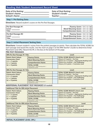 Reading Web Student Assessment Record Sheet
Date of Pre-Testing:___________________________ 	 Date of Post-Testing:_______________________
Student’s Name:______________________________ 	 Student’s Grade:__________________________
School’s Name:_______________________________ 	Teacher:___________________________________
Step 1: Pre-Testing Data
Directions: Record student’s scores on the Pre-Test Passages.

Pre-Test Passage #1                                                                     Fluency Score: (+) (-) (x)
Level: _________                                                                  Word Meaning Score: (+) (-) (x)
Title:________________________________________                                   Comprehension Score: (+) (-) (x)
Pre-Test Passage #2                                                                     Fluency Score: (+) (-) (x)
Level: _________                                                                  Word Meaning Score: (+) (-) (x)
Title:________________________________________                                   Comprehension Score: (+) (-) (x)

Step 2: Initial Placement Testing Data
Directions: Convert student’s scores from the pretest passages to points. Then calculate the TOTAL SCORE for
each passage and record the results. Use the chart on page 3 of the RPA Teacher’s Guide to determine Initial
Placement Level (IPL). Record the IPL in the box at the bottom of the page.
PRE-TEST PASSAGES
RPA Pre-Test Passage #1 Title:								Level:
Rubric Point Values         Fluency Points                                 TOTAL SCORE RESULTS (check one)
Conversion Chart                                                           oScore of 15 points = Too Easy
                            Word Meaning Points                            oScore of 11-13 points = Appropriate Reading Level
(+) = 5 points
                            Comprehension Points                           oScore of 6-10 points = Too Challenging
(-) = 3 points                                                             oScore of 0-5 points = Frustration Level
(x) = 0 points              TOTAL SCORE
                            (fluency points + word meaning points +
                            comprehension points)

RPA Pre-Test Passage #2 Title:								Level:
Rubric Point Values         Fluency Points                                 TOTAL SCORE RESULTS (check one)
Conversion Chart                                                           oScore of 15 points = Too Easy
                            Word Meaning Points                            oScore of 11-13 points = Appropriate Reading Level
(+) = 5 points
                            Comprehension Points                           oScore of 6-10 points = Too Challenging
(-) = 3 points                                                             oScore of 0-5 points = Frustration Level
(x) = 0 points              TOTAL SCORE
                            (fluency points + word meaning points +
                            comprehension points)

ADDITIONAL PLACEMENT TEST PASSAGES (If needed)
Additional Title for RPA Initial Placement:								Level:
Rubric Point Values         Fluency Points                                 TOTAL SCORE RESULTS (check one)
Conversion Chart                                                           oScore of 15 points = Too Easy
                            Word Meaning Points                            oScore of 11-13 points = Appropriate Reading Level
(+) = 5 points
                            Comprehension Points                           oScore of 6-10 points = Too Challenging
(-) = 3 points                                                             oScore of 0-5 points = Frustration Level
(x) = 0 points              TOTAL SCORE
                            (fluency points + word meaning points +
                            comprehension points)

Additional Title for RPA Initial Placement:								Level:
Rubric Point Values         Fluency Points                                 TOTAL SCORE RESULTS (check one)
Conversion Chart                                                           oScore of 15 points = Too Easy
                            Word Meaning Points                            oScore of 11-13 points = Appropriate Reading Level
(+) = 5 points
                            Comprehension Points                           oScore of 6-10 points = Too Challenging
(-) = 3 points                                                             oScore of 0-5 points = Frustration Level
(x) = 0 points              TOTAL SCORE
                            (fluency points + word meaning points +
                            comprehension points)



INITIAL PLACEMENT LEVEL (IPL):

                                                                      18
 