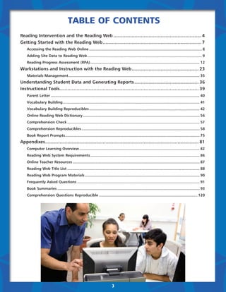 Table of Contents
Reading Intervention and the Reading Web.................................................................... 4
Getting Started with the Reading Web............................................................................ 7
	 Accessing the Reading Web Online........................................................................................................ 8
	    Adding Site Data to Reading Web.......................................................................................................... 9
	    Reading Progress Assessment (RPA)..................................................................................................... 12
Workstations and Instruction with the Reading Web.................................................... 23
	    Materials Management......................................................................................................................... 35
Understanding Student Data and Generating Reports.................................................. 36
Instructional Tools........................................................................................................... 39
	    Parent Letter......................................................................................................................................... 40
	    Vocabulary Building.............................................................................................................................. 41
	    Vocabulary Building Reproducibles...................................................................................................... 42
	    Online Reading Web Dictionary............................................................................................................ 56
	    Comprehension Check.......................................................................................................................... 57
	    Comprehension Reproducibles............................................................................................................. 58
	    Book Report Prompts............................................................................................................................ 75
Appendixes...................................................................................................................... 81
	    Computer Learning Overview............................................................................................................... 82
	    Reading Web System Requirements..................................................................................................... 86
	    Online Teacher Resources..................................................................................................................... 87
	    Reading Web Title List.......................................................................................................................... 88
	    Reading Web Program Materials.......................................................................................................... 90
	    Frequently Asked Questions................................................................................................................. 91
	    Book Summaries................................................................................................................................... 93
	    Comprehension Questions Reproducible........................................................................................... 120




                                                                              3
 