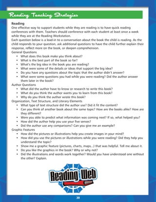Reading Teaching Strategies
Reading
One effective way to support students while they are reading is to have quick reading
conferences with them. Teachers should conference with each student at least once a week
while they are at the Reading Workstation.
Each question below is a lead-in to a conversation about the book the child is reading. As the
child responds to your question, ask additional questions to have the child further explain their
response, reflect more on the book, or deepen comprehension.
General Questions
	 •	 What does this book make you think about?
	 •	 What is the best part of the book so far?
	 •	 What’s the big idea in the book you are reading?
	 •	 What were some of the details or ideas that support the big idea?
	 •	 Do you have any questions about the topic that the author didn’t answer?
	 •	 What were some questions you had while you were reading? Did the author answer 	 	
	 	 them later in the book?
Author Questions
	 •	 What did the author have to know or research to write this book?
	 •	 What do you think the author wants you to learn from this book?
	 •	 Why do you think the author wrote this book?
Organization, Text Structure, and Literary Elements
	 •	 What type of text structure did the author use? Did it fit the content?
	 •	 Can you think of another book about the same topic? How are the books alike? How are 	
	 	 they different?
	 •	 Were you able to predict what information was coming next? If so, what helped you?
	 •	 How did the author help you use your five senses?
	 •	 Did the author use any comparisons? Can you give me an example?
Graphic Features
	 •	 How did the pictures or illustrations help you create images in your mind?
	 •	 How did you use the pictures or illustrations while you were reading? Did they help you 	
	 	 understand the topic?
	 •	 Show me a graphic feature (pictures, charts, maps...) that was helpful. Tell me about it.
	 •	 Do you like the graphics in the book? Why or why not?
	 •	 Did the illustrations and words work together? Would you have understood one without 	
	 	 the other? Explain.




                                              30
 
