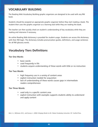 Vocabulary Building
The Reading Web Vocabulary Building graphic organizers are designed to be used with any RW
book.

Students should be assigned an appropriate graphic organizer before they start reading a book. The
student then uses the graphic organizer as a learning tool while they are reading the book.

The teacher can then quickly check on student’s understanding of key vocabulary while they are
reading and intervene if necessary.

An online Reading Web dictionary is provided for student usage. Students can access this dictionary
with their RW login. The dictionary includes pronunciation guides, definitions, and usage sentences
for all RW glossary words.



Vocabulary Tiers Definitions

Tier One Words:

	   	         •	 basic words
	   	         •	 used frequently in life
	   	         •	 students acquire understanding of these words with little or no instruction

Tier Two Words:

	 	 •	 high frequency use in a variety of content areas
	 	 •	 explicit instruction needed for acquisition
	 	 •	 lack of understanding of these words causes gaps in intermediate
			readers comprehension

Tier Three Words:

	 	 •	 used only in a specific content area
	 	 •	 explicit instruction with examples supports students . bility to understand
                                                            a
			 and apply content




Beck, I.L., McKeown, M.G., and Kuncan, L. (2002). Bringing Words to Life: Robust Vocabulary Instruction. NY: Guiford Press.




                                                                  41
 