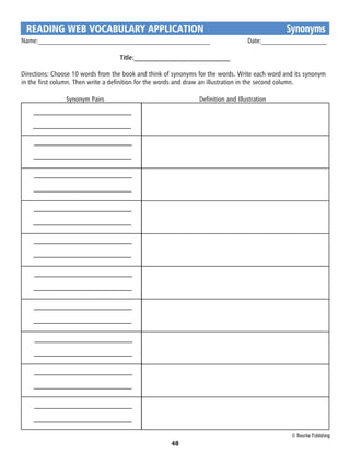READING WEB VOCABULARY APPLICATION	                                                          Synonyms
Name:__________________________________________________		 Date:___________________

                                   Title:_________________________­­­___

Directions: Choose 10 words from the book and think of synonyms for the words. Write each word and its synonym
in the first column. Then write a definition for the words and draw an illustration in the second column.

                Synonym Pairs                                   Definition and Illustration




                                                                                                 © Rourke Publishing
                                                      48
 