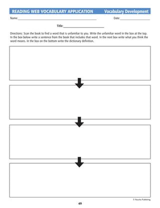 READING WEB VOCABULARY APPLICATION	                                          Vocabulary Development
Name:__________________________________________________		 Date:___________________

                                       Title:__________________________

Directions: Scan the book to find a word that is unfamiliar to you. Write the unfamiliar word in the box at the top.
In the box below write a sentence from the book that includes that word. In the next box write what you think the
word means. In the box on the bottom write the dictionary definition.




                                                                                                       © Rourke Publishing

                                                         49
 