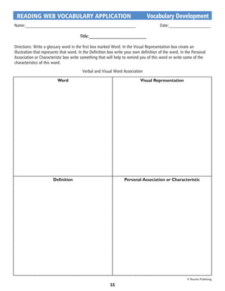 READING WEB VOCABULARY APPLICATION	                                           Vocabulary Development
Name:__________________________________________________		 Date:___________________

                                       Title:__________________________

Directions: Write a glossary word in the first box marked Word. In the Visual Representation box create an
illustration that represents that word. In the Definition box write your own definition of the word. In the Personal
Association or Characteristic box write something that will help to remind you of this word or write some of the
characteristics of this word.
                                         Verbal and Visual Word Association

                          Word                                              Visual Representation




                       Definition                                 Personal Association or Characteristic




                                                                                                        © Rourke Publishing

                                                          55
 
