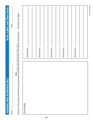 READING WEB REPRODUCIBLE 	                                                                                 Draw, Label, and Share Facts
     Name:__________________________________________________							Date:___________________

                                                             Title: ______________________________
     Directions: Draw a picture of something you learned about in the book. Label all of its parts. Then write five “Did you know…” facts about your object.


      Draw and label.
                                                                                          Did you know…




                                                                                          Did you know…




61
                                                                                          Did you know…




                                                                                          Did you know…




                                                                                          Did you know…




                                                                                                                                                       © Rourke Publishing
 