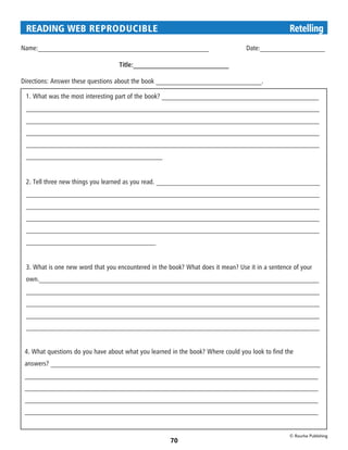 READING WEB REPRODUCIBLE 	                                                                     Retelling
Name:__________________________________________________		 Date:___________________

                                   Title:_________________________­­­___

Directions: Answer these questions about the book _______________________________.

 1. What was the most interesting part of the book? ______________________________________________
 ______________________________________________________________________________________
 ______________________________________________________________________________________
 ______________________________________________________________________________________
 ______________________________________________________________________________________
 ________________________________________


 2. Tell three new things you learned as you read. ________________________________________________
 ______________________________________________________________________________________
 ______________________________________________________________________________________
 ______________________________________________________________________________________
 ______________________________________________________________________________________
 ______________________________________


 3. What is one new word that you encountered in the book? What does it mean? Use it in a sentence of your
 own.__________________________________________________________________________________
 ______________________________________________________________________________________
 ______________________________________________________________________________________
 ______________________________________________________________________________________
 ______________________________________________________________________________________


 4. What questions do you have about what you learned in the book? Where could you look to find the
 answers? _______________________________________________________________________________
 ______________________________________________________________________________________
 ______________________________________________________________________________________
 ______________________________________________________________________________________
 ______________________________________________________________________________________


                                                                                                 © Rourke Publishing
                                                      70
 