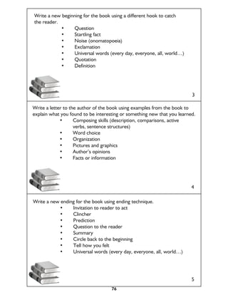 Write a new beginning for the book using a different hook to catch
the reader.
	     	     •	   Question
	     	     •	   Startling fact
	     	     •	   Noise (onomatopoeia)
	     	     •	   Exclamation
	     	     •	   Universal words (every day, everyone, all, world…)
	     	     •	   Quotation
	     	     •	   Definition




                                                                         3

Write a letter to the author of the book using examples from the book to
explain what you found to be interesting or something new that you learned.
	     	      •	     Composing skills (description, comparisons, active
			verbs, sentence structures)
	     	      •	     Word choice
	     	      •	     Organization
	     	      •	     Pictures and graphics
	     	      •	     Author’s opinions
	     	      •	     Facts or information




                                                                         4

Write a new ending for the book using ending technique.
	     	    •	    Invitation to reader to act
	     	    •	    Clincher
	     	    •	    Prediction
	     	    •	    Question to the reader
	     	    •	    Summary
	     	    •	    Circle back to the beginning
	     	    •	    Tell how you felt
	     	    •	    Universal words (every day, everyone, all, world…)




                                                                         5
                                    76
 