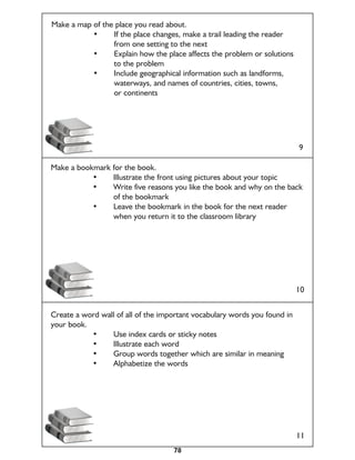 Make a map of the place you read about.
	    	     •	    If the place changes, make a trail leading the reader 	    	
			              from one setting to the next
	    	     •	    Explain how the place affects the problem or solutions
			to the problem
	    	     •	    Include geographical information such as landforms, 	      	
			              waterways, and names of countries, cities, towns,
			or continents




                                                                           9

Make a bookmark for the book.
	    	     •	   Illustrate the front using pictures about your topic
	    	     •	   Write five reasons you like the book and why on the back 	
			of the bookmark
	    	     •	   Leave the bookmark in the book for the next reader 	 	
			             when you return it to the classroom library




                                                                           10


Create a word wall of all of the important vocabulary words you found in
your book.
	     	    •	    Use index cards or sticky notes
	     	    •	    Illustrate each word
	     	    •	    Group words together which are similar in meaning
	     	    •	    Alphabetize the words




                                                                           11
                                    78
 