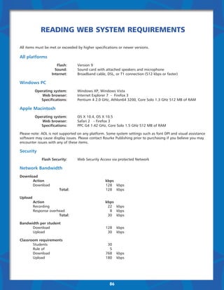Reading Web System Requirements

All items must be met or exceeded by­ higher specifications or newer versions.

All platforms
	                     Flash:	     Version 9
	                    Sound:	      Sound card with attached speakers and microphone
	                  Internet: 	    Broadband cable, DSL, or T1 connection (512 kbps or faster)

Windows PC
	        Operating system: 	      Windows XP, Windows Vista
	           Web browser: 	        Internet Explorer 7  -  Firefox 3
	           Specifications: 	     Pentium 4 2.0 GHz, Athlon64 3200, Core Solo 1.3 GHz 512 MB of RAM

Apple Macintosh
	        Operating system: 	      OS X 10.4, OS X 10.5
	           Web browser: 	        Safari 2   - Firefox 3
	           Specifications: 	     PPC G4 1.42 GHz, Core Solo 1.5 GHz 512 MB of RAM

Please note: AOL is not supported on any platform. Some system settings such as font DPI and visual assistance
software may cause display issues. Please contact Rourke Publishing prior to purchasing if you believe you may
encounter issues with any of these items.

Security
	            Flash Security: 	    Web Security Access via protected Network

Network Bandwidth
Download
	     Action		          kbps
	     Download	 	       	 28	 kbps
                        1
		              Total:		128	 kbps

Upload		
	      Action		              kbps
	      Recording			22	 kbps
	      Response overhead		 8	 kbps
		                   Total:		30	 kbps

Bandwidth per student
	     Download	     	 	 28	 kbps
                      1
	     Upload			30	 kbps

Classroom requirements
	      Students	    	  	 30	
	      Rule of			 5	
	      Download	    	  	 68	 kbps
                       7
	      Upload			180	 kbps
		
	
		



                                                      86
 