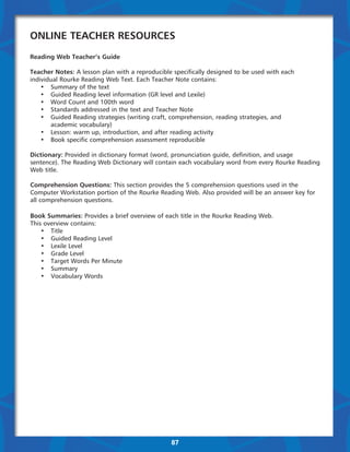 Online Teacher Resources
Reading Web Teacher’s Guide

Teacher Notes: A lesson plan with a reproducible specifically designed to be used with each
individual Rourke Reading Web Text. Each Teacher Note contains:
	 •	 Summary of the text
	 •	 Guided Reading level information (GR level and Lexile)
	 •	 Word Count and 100th word
	 •	 Standards addressed in the text and Teacher Note
	 •	 Guided Reading strategies (writing craft, comprehension, reading strategies, and
		academic vocabulary)
	 •	 Lesson: warm up, introduction, and after reading activity
	 •	 Book specific comprehension assessment reproducible

Dictionary: Provided in dictionary format (word, pronunciation guide, definition, and usage
sentence). The Reading Web Dictionary will contain each vocabulary word from every Rourke Reading
Web title.

Comprehension Questions: This section provides the 5 comprehension questions used in the
Computer Workstation portion of the Rourke Reading Web. Also provided will be an answer key for
all comprehension questions.

Book Summaries: Provides a brief overview of each title in the Rourke Reading Web.
This overview contains:
	 •	 Title
	 •	 Guided Reading Level
	 •	 Lexile Level
	 •	 Grade Level
	 •	 Target Words Per Minute
	 •	 Summary
	 •	 Vocabulary Words




                                                87
 