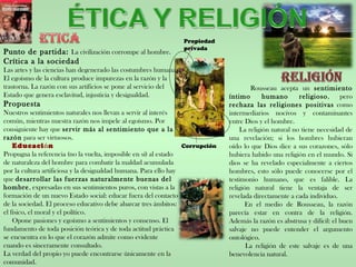 Rousseau acepta un  sentimiento íntimo humano religioso , pero  rechaza las religiones positivas  como intermediarios nocivos y contaminantes entre Dios y el hombre.  La religión natural no tiene necesidad de una revelación; si los hombres hubieran oído lo que Dios dice a sus corazones, sólo hubiera habido una religión en el mundo. Si dios se ha revelado especialmente a ciertos hombres, esto sólo puede conocerse por el testimonio humano, que es falible. La religión natural tiene la ventaja de ser revelada directamente a cada individuo. En el medio de Rousseau, la razón parecía estar en contra de la religión. Además la razón es abstrusa y difícil: el buen salvaje no puede entender el argumento ontológico.  La religión de este salvaje es de una benevolencia natural. Punto de partida:  La civilización corrompe al hombre.  Crítica a la sociedad Las artes y las ciencias han degenerado las costumbres humanas. El egoísmo de la cultura produce impurezas en la razón y la trastorna. La razón con sus artificios se pone al servicio del Estado que genera esclavitud, injusticia y desigualdad. Propuesta Nuestros sentimientos naturales nos llevan a servir al interés común, mientras nuestra razón nos impele al egoísmo. Por consiguiente hay que  servir más al sentimiento que a la razón  para ser virtuosos. Educaci ó n Propugna la referencia (no la vuelta, imposible en sí) al estado de naturaleza del hombre para combatir la maldad acumulada por la cultura artificiosa y la desigualdad humana. Para ello hay que  desarrollar las fuerzas naturalmente buenas del hombre , expresadas en sus sentimientos puros, con vistas a la formación de un nuevo Estado social: educar fuera del contacto de la sociedad. El proceso educativo debe abarcar tres ámbitos: el físico, el moral y el político. Opone pasiones y egoísmo a sentimientos y consenso. El fundamento de toda posición teórica y de toda actitud práctica se encuentra en lo que el corazón admite como evidente cuando es sinceramente consultado.  La verdad del propio yo puede encontrarse únicamente en la comunidad. Corrupción Propiedad privada 