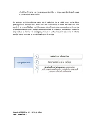 Infantil, Ed. Primaria, etc. y estas a su vez divididas en ciclos, dependiendo de la etapa
       en la que el niño se encuentre.



En resumen, podemos observar tanto en el preámbulo de la LOGSE como en las ideas
pedagógicas de Rousseau esta misma idea: La educación es el medio más adecuado para
construir la personalidad del individuo, desarrollar al máximo sus capacidades, conformar su
propia identidad personal y configurar su comprensión de la realidad, integrando la dimensión
cognoscitiva, la afectiva y la axiológica para que en un futuro cuando abandone el sistema
escolar, pueda continuar su formación a lo largo de su vida.




MARIA MARGARITA DEL POZUELO ROJO
2º ED. PRIMARIA A
 